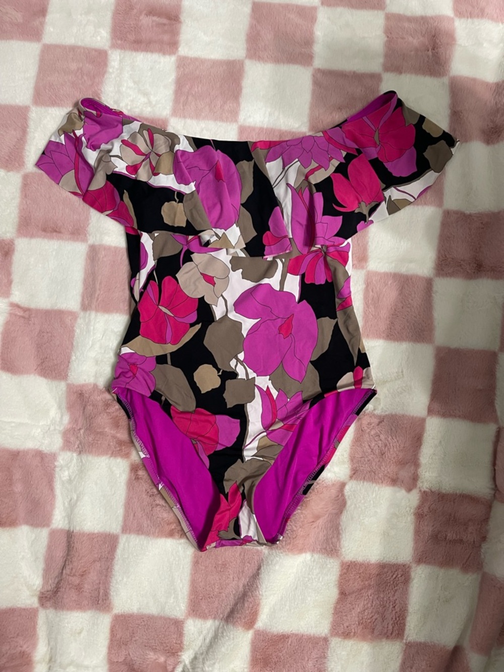 Trina Turk Pink and Tan Floral Swim Ruffle Off-the-Shoulder One-Piece